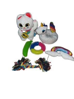 White Plush Maneki Neko and Unicorn dog Toy Set - Colorful Rainbow Accents